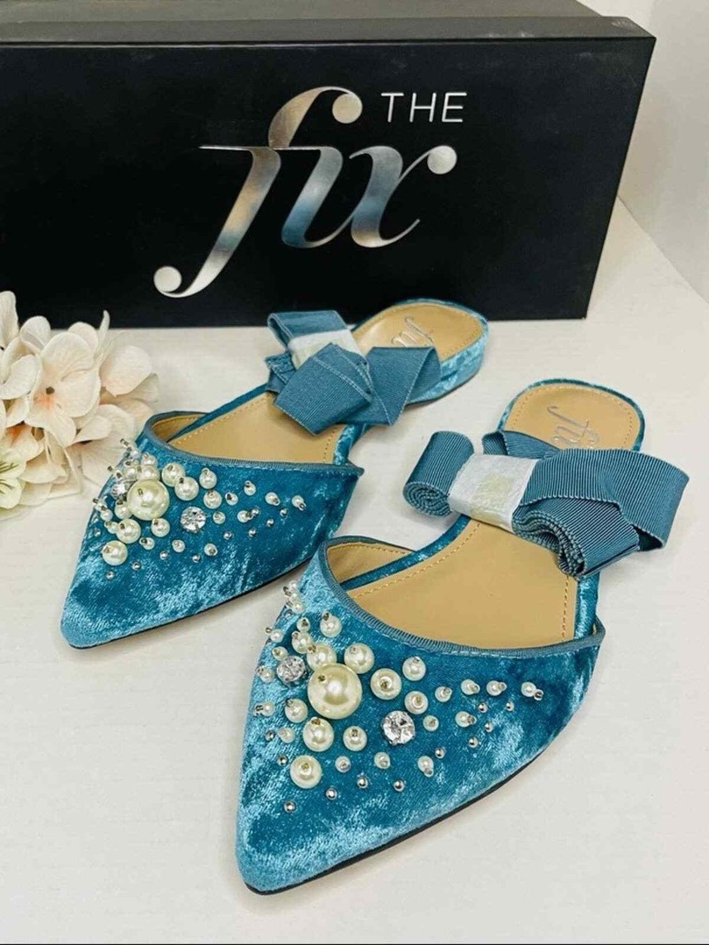The Fix Teal Velvet Pointed Pearl & Crystal Embellished Women’s Flat